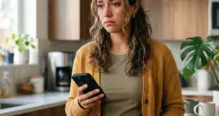Mujer con celular en cocina, retrato editorial